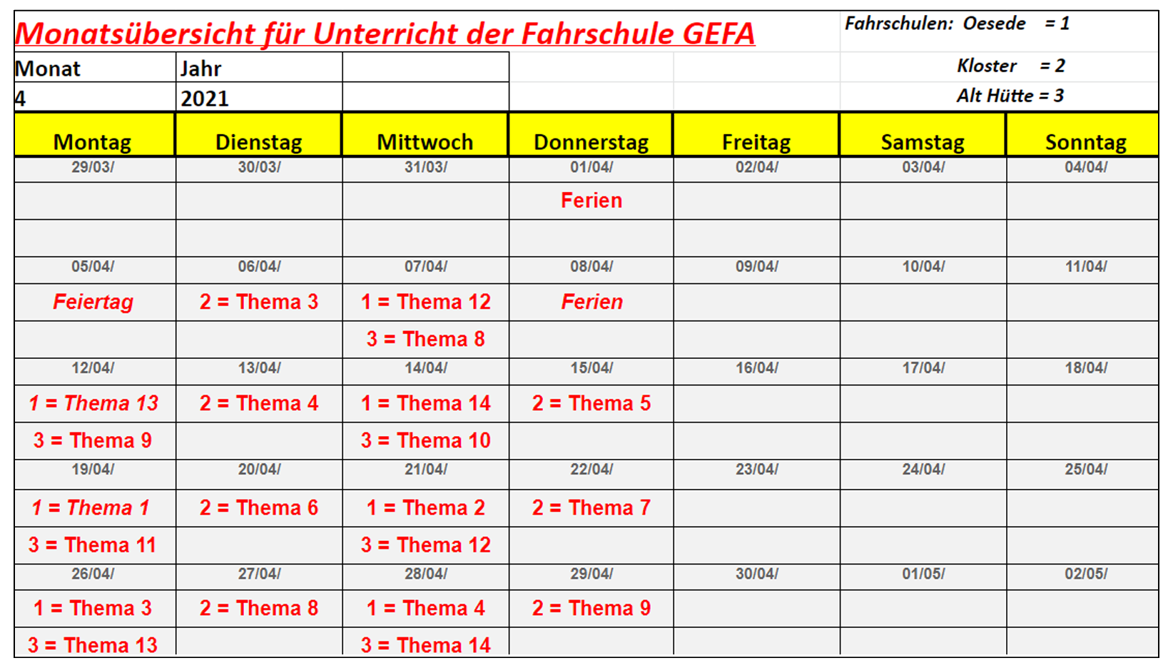 Fahrschule GEFA - Theorieplan